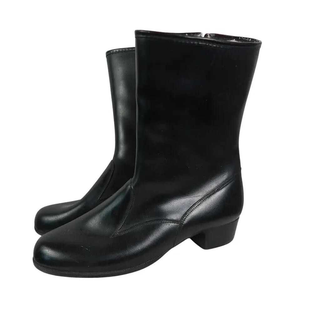 Vintage 70s Black Rubber Rain Boots Mid Calf Sherpa Fleece Lined Womens 8